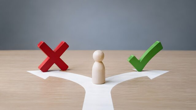 Business decision making concept featuring wooden figure at crossroad choosing between correct green checkmark and wrong red cross