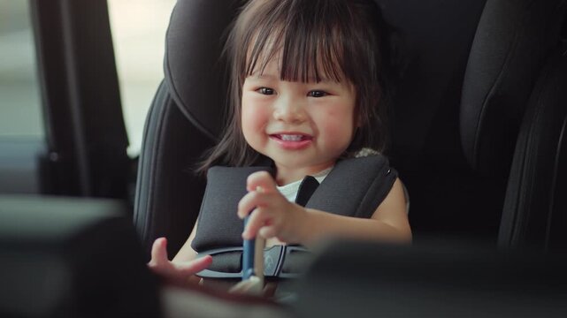 Happy Asian toddler girl smiling while sitting in safety car seat, cute little child holding a toy during family road trip vacation for child safety, parenting travel, automobile insurance, family