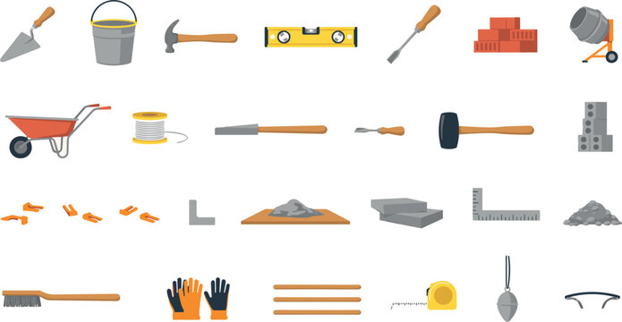 Bricklaying and concrete masonry work construction tools icon set with trowel, cement mixer, wheelbarrow, hammer, and building materials vector
