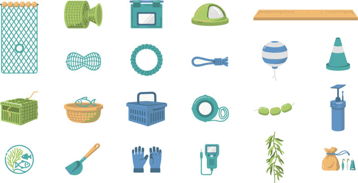 Commercial fishing equipment and aquaculture gear vector icon set featuring nets traps boxes gloves buoys tools and marine farming elements illustration