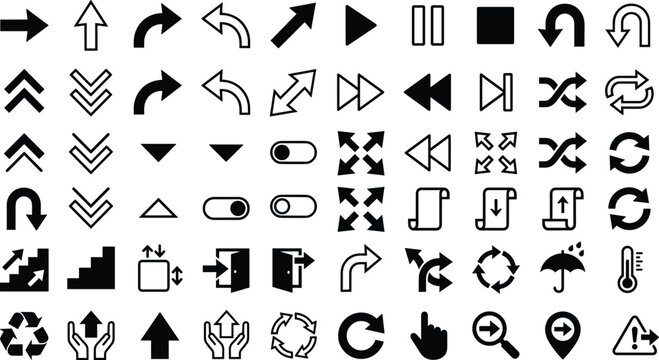 Arrow and Navigation UI Icon Set with Play Pause Refresh Undo Redo Toggle and Direction Symbols for App and Web Design