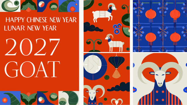 Vector illustration of goats and festive elements for the chinese new year 2027 celebrations goat caprine sheep