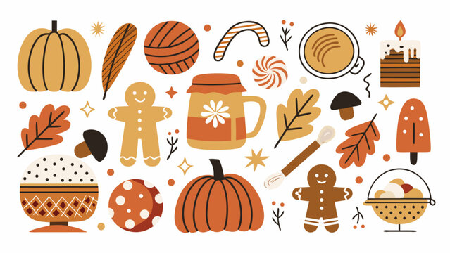 Autumn themed vector illustration featuring pumpkins leaves gingerbread men and other seasonal elements in warm tones fall