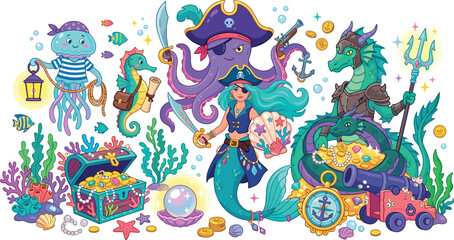 Cute cartoon mermaid and ocean creature pirate vector set with octopus seahorse jellyfish dragon and hidden treasure chest © Md