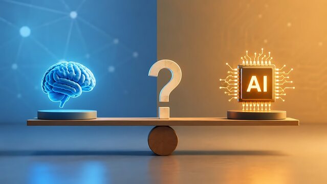 Balance scale with glowing human brain and artificial intelligence microchip weighing on wooden seesaw around central question mark