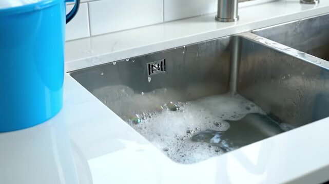 Kitchen sink with soapy water, foam and bubbles, blue bucket on white countertop. Emphasis on cleaning supported by clean-up idea and quick cleanup routine for home care marketing, education