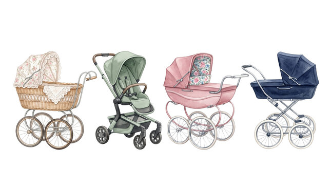 Watercolor set of vintage and modern baby strollers, prams, and pushchairs