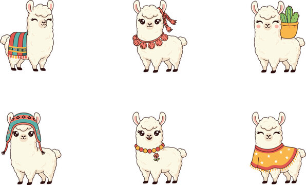 Cute cartoon alpaca characters vector set featuring llama with colorful saddle blanket chullo hat necklace poncho and carrying cactus plant