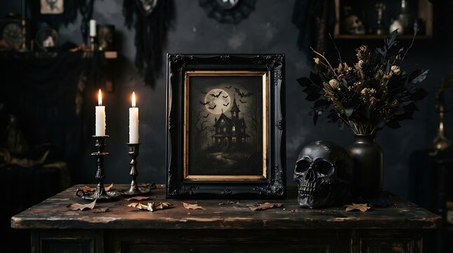 Gothic haunted house painting in ornate frame with skull and candles