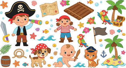 Cute kids pirate adventure vector set with cartoon boy girl baby parrot dog cat treasure island and map illustrations