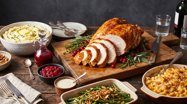 Roasted turkey dinner with mashed potatoes and green beans served on a rustic wooden table setting