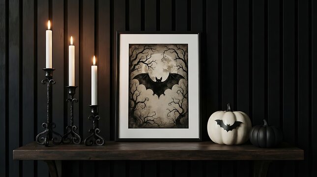 Halloween mantel decor with bat art print and candles