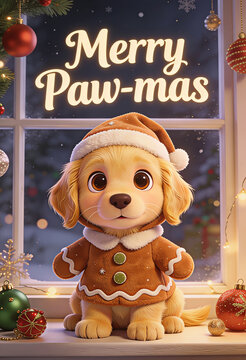 cucciolo di labrador giallo con un vestito buffo per gli auguri di buon natale, yellow Labrador puppy in a funny outfit for Christmas greetings
