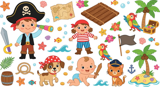 Cute kids pirate adventure vector set with cartoon boy girl baby parrot dog cat treasure island and map illustrations