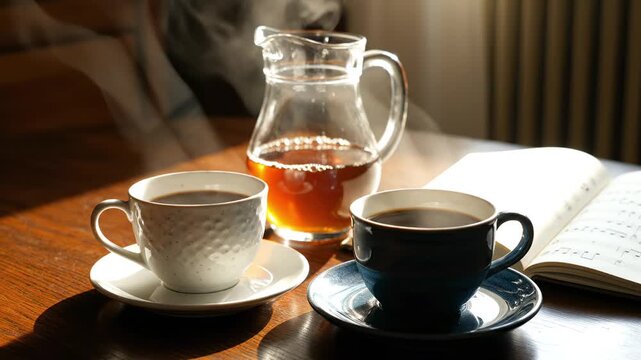 Two cups and glass teapot on wooden table near open book. Tea focus drives warm brew storytelling; hot drink angle suits cafe promos, slow breaks, wellness pauses, social concepts