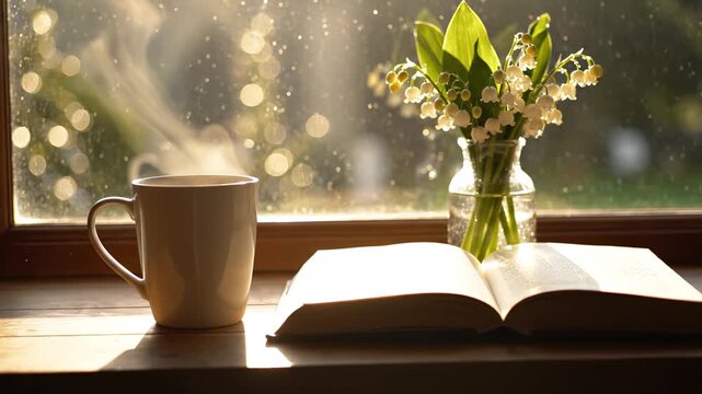 Steaming mug, open book, flower vase on sunny windowsill. Morning focus highlights sunrise vibe, early hours calm, dawn mood for lifestyle content, wellness messaging, gentle inspiration, social conce
