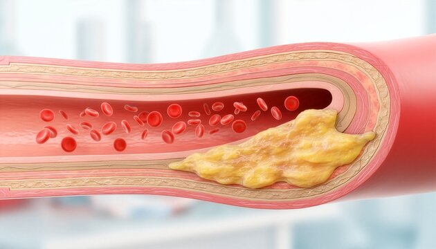 A 3D medical illustration of a blood vessel cross-section showing cholesterol plaque buildup inside an artery wall, restricting red blood cells flow, representing atherosclerosis concept.