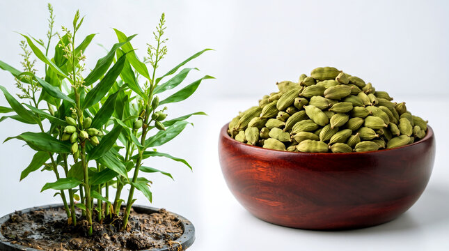 cardamom pod in bowl with cardamom plant with pods, for Indian Gujarati sweet, masala tea, curry, stew food recipe, Indian traditional ayurvedic medicine,