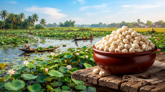  Fox nut also known in India as Dried makhana, phool makhana, lotus or water lily seeds in bowl in makhana pond background, used in India for preparing various foods cooking, sweets,healthy snack