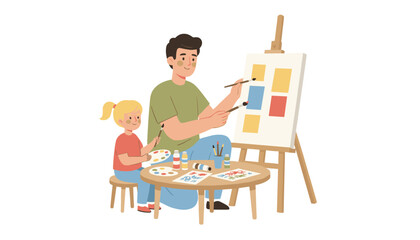 Fototapeta premium Dad and daughter painting on a canvas easel together in a bright creative studio space.