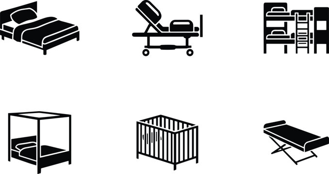 Collection of six black bed icons including hospital bed, bunk bed, canopy bed, baby crib, folding cot, and standard bed design for commercial use