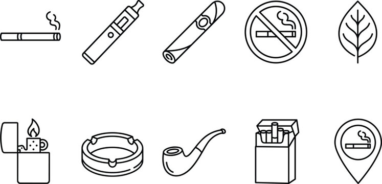Smoking and tobacco products icon set with cigarette vape lighter pipe ashtray line art vector elements