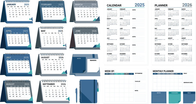 Corporate business calendar design kit featuring yearly calendar layouts monthly planners desk flip mockups notebooks notes grid and weekly schedule vector elements