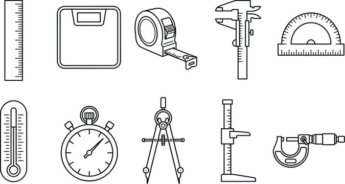 Measurement engineering tools and precision instruments icon set with ruler caliper gauge line art vector elements