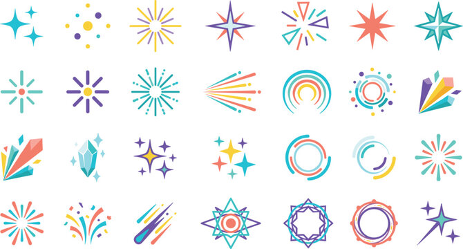 Magic sparkle stars and burst vector elements collection featuring colorful fireworks crystal gems confetti and festive explosion icons illustration
