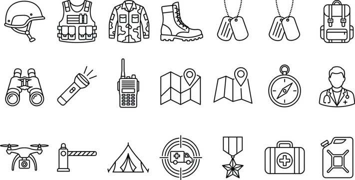 Military army and tactical gear icon set with helmet vest map compass line art vector elements