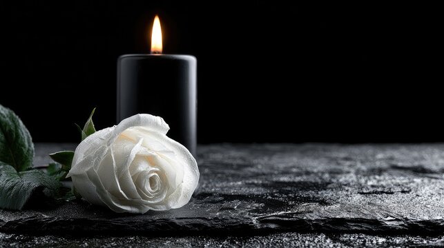A lit black candle and a white rose on a dark stone surface