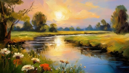 Obraz premium Paintings Landscape Fine Art Summer Landscape Oil Painting Of A Peaceful River At Sunris