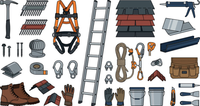 Professional roofing construction tools and safety equipment set with shingles, ladder, safety harness, hammer, and boots vector illustration