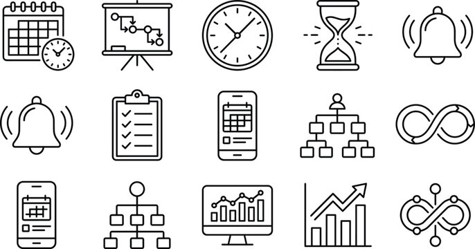 Time management and business workflow icon set with calendar clock infinity chart line art vector elements