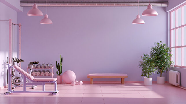 luxurious minimalist gym interior with pastel lavender pink background and modern fitness equipment