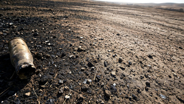 Spent Artillery Shell Casing Lying on a Desolate Charred Battlefield After War Conflict