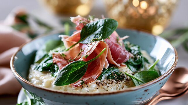 creamy savory oatmeal with fresh spinach and sliced ham in ceramic bowl