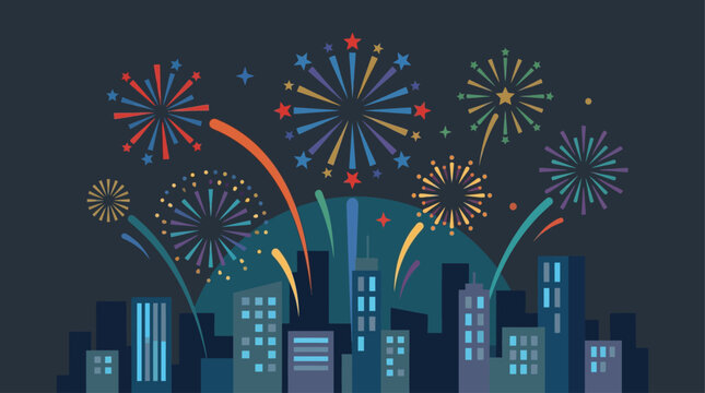 A stunning flat design illustration of vibrant fireworks exploding over a stylized city skyline, capturing the festive spirit of Guy Fawkes Night. 