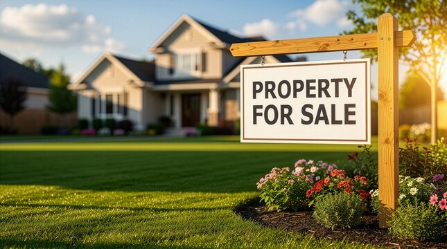 A property for sale wooden sign post on a lush green lawn next to beautiful blooming flowers with a modern suburban family house blurred in the background during a bright sunny afternoon.