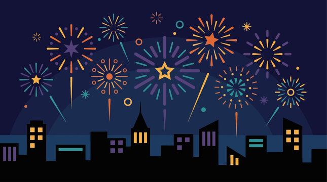 A stunning flat design illustration of vibrant fireworks exploding over a stylized city skyline, capturing the festive spirit of Guy Fawkes Night. 