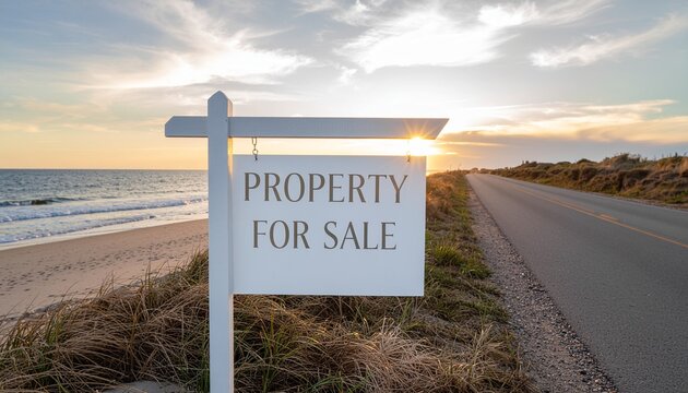 A white property for sale sign standing by a coastal road next to a sandy beach at sunset, representing prime waterfront real estate investment, luxury coastal living, and holiday homes.