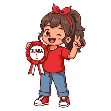 Cute Girl Cartoon Character Holding First Place Winner Rosette Badge for August 17 Contest
