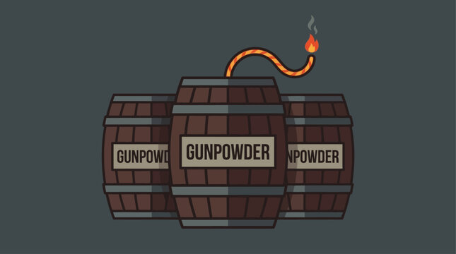 A stark flat design illustration depicting stylized wooden barrels labeled "Gunpowder" with a lit fuse, symbolizing the infamous Gunpowder Plot.