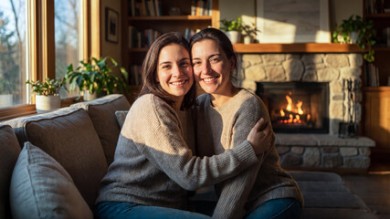 Fototapeta premium Happy young women embracing on a living room sofa near a cozy fireplace