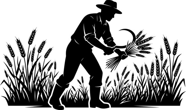 Silhouette of a farmer harvesting golden wheat with a sickle in rural field, agriculture