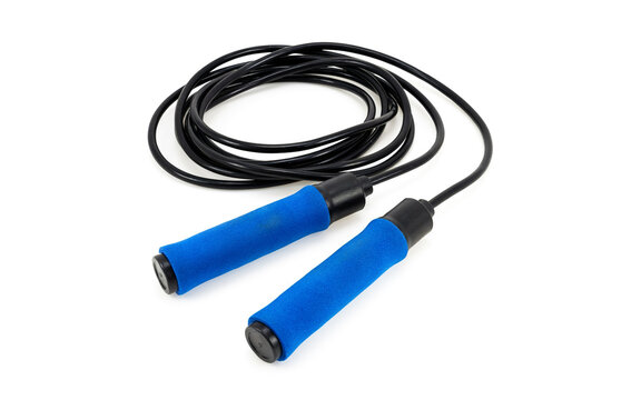 Blue exercise jump rope with black handles and cord laid out on transparent background