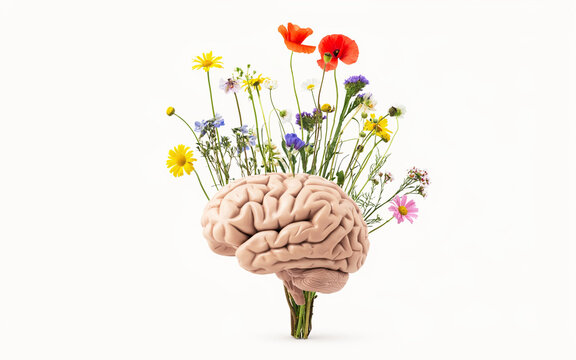 Creative bouquet of colorful flowers arranged with a realistic human brain model as base stem