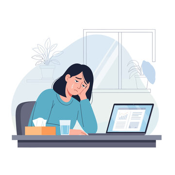 Tired Woman Working On Laptop At Desk Feeling Unwell With Tissues And Water