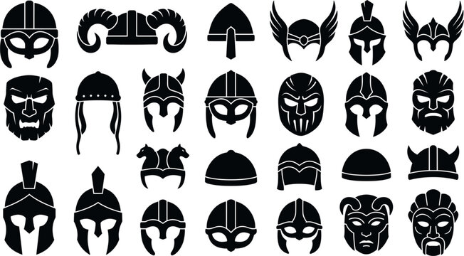 Ancient Warrior Helmet and Medieval Armor Silhouette Icon Set Featuring Viking Horns, Spartan Crests, Roman Gladiator Masks, and Barbarian Headgear Vector Graphics
