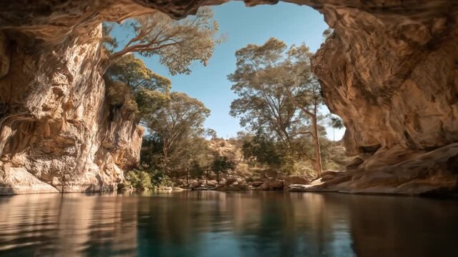 Cave opening view of a river and lush forest.